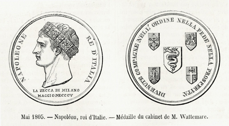 Mai 1805. Napoléon, roi d'Italie. Médaille du cabinet de M. Wattemare. Gravure.
