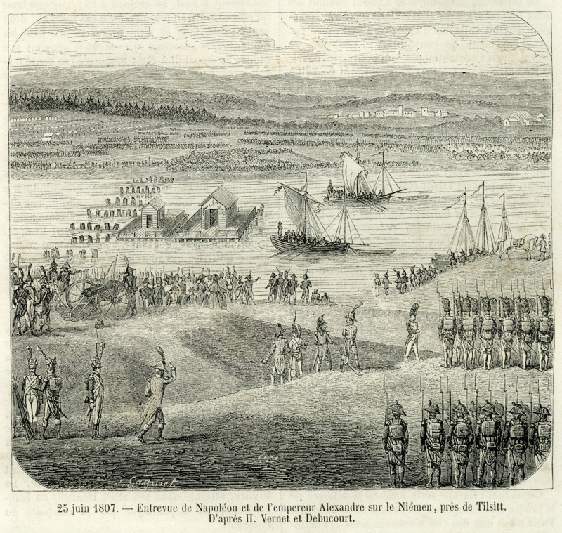Encounter between Napoleon and the Emperor Alexander on the Neman River, near the town of Tilsit.