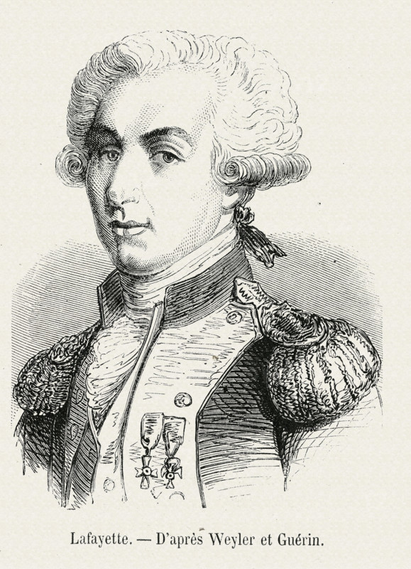 Révolution. Marie Joseph Gilbert Motier, marquis de La Fayette. Chavaniac, Haute-Loire, 1757 - Chavaniac, Haute-Loire 1834. Général et homme politique français. Dès 1777, il prit une part active à la guerre de l'Indépendance en Amérique aux côtés des insurgés. Député aux États généraux (1789), commandant de la Garde nationale, il apparut comme le chef de la noblesse libérale, désireuse de réconcilier la royauté avec la Révolution. Émigré de 1792 à 1800, il refusa tout poste officiel sous l'Empire. Député libéral sous la Restauration, mis à la tête de la Garde nationale en juillet 1830, il fut l'un des fondateurs de la monarchie de Juillet, dont il se détacha bientôt.. Gravure 19e.