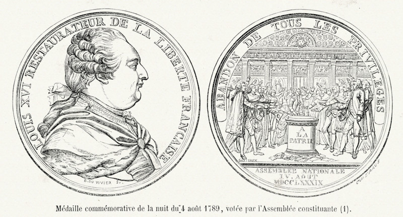 Révolution. Médaille commémorative de la nuit du 4 ao^put 1789, votée par l'Assemblée constituante. Gravure 19e.