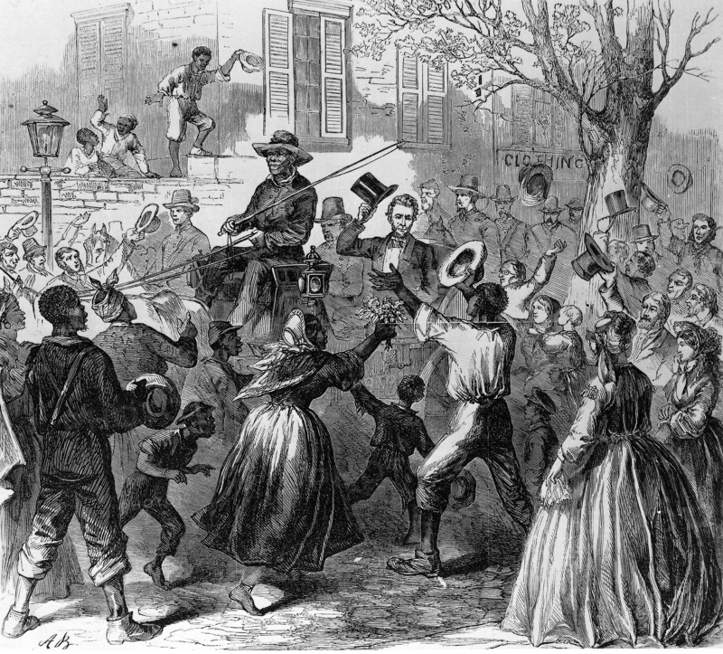 L'Amérique au 19e siècle. Le 4 avril 1865. Abraham Lincoln (1809-1865) parcourt en calèche, tromphalement, les rue de Richmond (Virginie), capitale des Confédérés.