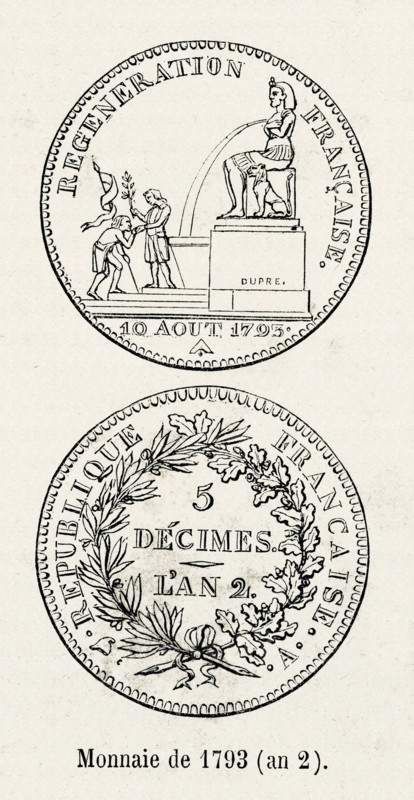Révolution. Monnaie de 1793 (an 2). Gravure 19e.
