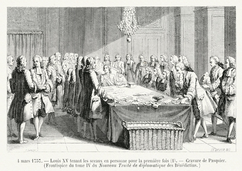 4 mars 1757. Louis XV tenant les sceaux en personne pour la première fois. Frontispice du tom IV de Nouveau Traité de diplomatique des Bénédictins. Gravure 19e.