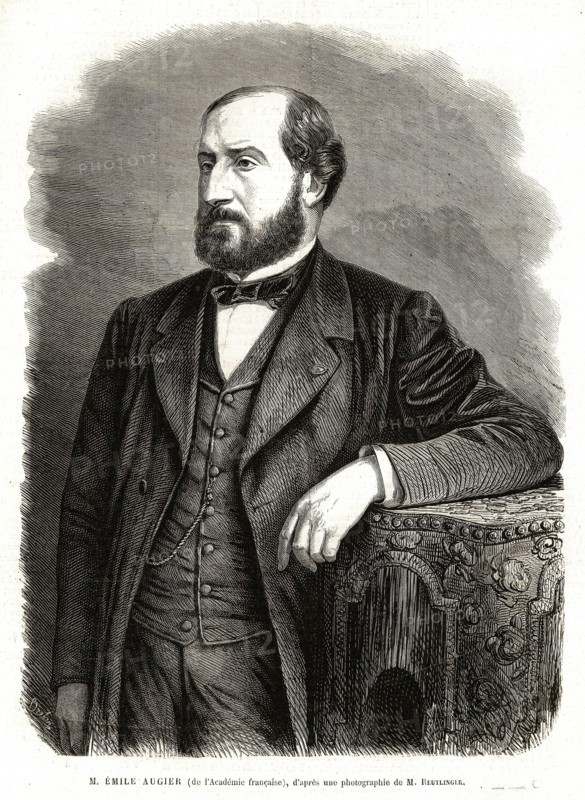 1864. Guillaume Victor Émile Augier, né le 17 septembre 1820 à Valence et mort le 25 octobre 1889 à Croissy-sur-Seine, est un poète et dramaturge français. Petit-fils du romancier Guillaume Pigault-Lebrun, Emile Augier naît à Valence dans un milieu de bonne bourgeoisie bien-pensante. Il reçoit une éducation soignée et lorsque sa famille s'installe à Paris en 1828, il poursuit des études brillantes au lycée Henri IV, où il a comme condisciple le duc d'Aumale, puis à la faculté de droit et se destine d'abord au barreau, tout en ébauchant des pièces de théatre. En 1844, son drame La ciguë, refusé par la Comédie-Française, a un énorme succès à l'Odéon.