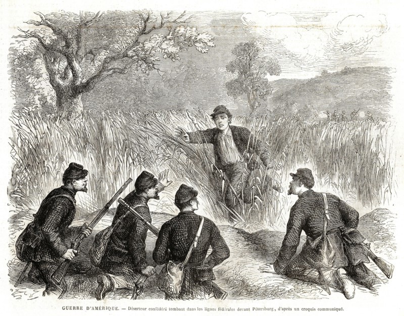 Guerre d'Amérique. Déserteur confédéré tombant dans les lignes fédérales devant Pétersburg (1864).