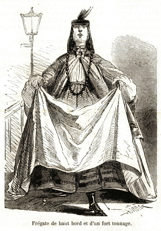 Caricature. La vie quotidienne des Anglais. Angleterre. "Frégate de haut bord et d'un fort tonnage". Dame un peu forte (1864).