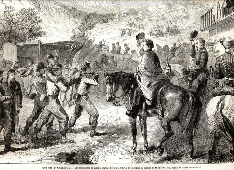 Guerre d'Amérique. Les ambulances du quartier général de l'armée fédérale le lendemain de l'affaire du 18 octobre 1864.