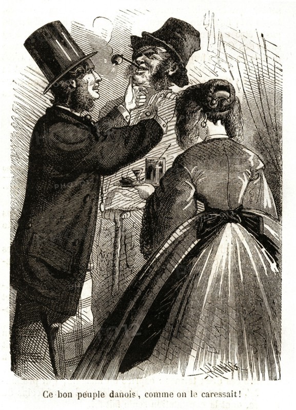 Angleterre. Caricature. La vie quotidienne des Anglais. "Ce bon peuiple danois, comme on le caressait"  (1864).