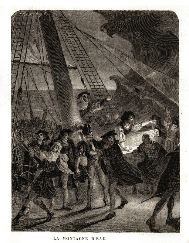Christophe Colomb. "La montagne d'eau" (1492). Raz de marée. Gravure 19e.