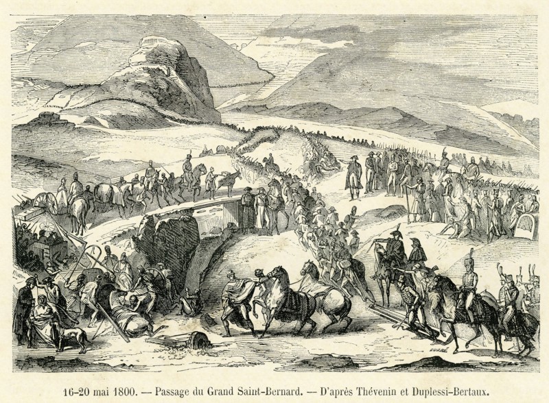 16 - 20 mai 1800. Passage du Grand Saint-Bernard. D'après Thévenin et Duplessi-Bertaux. Guerres napoléoniennes. Campagne de Bonaparte en Italie.
