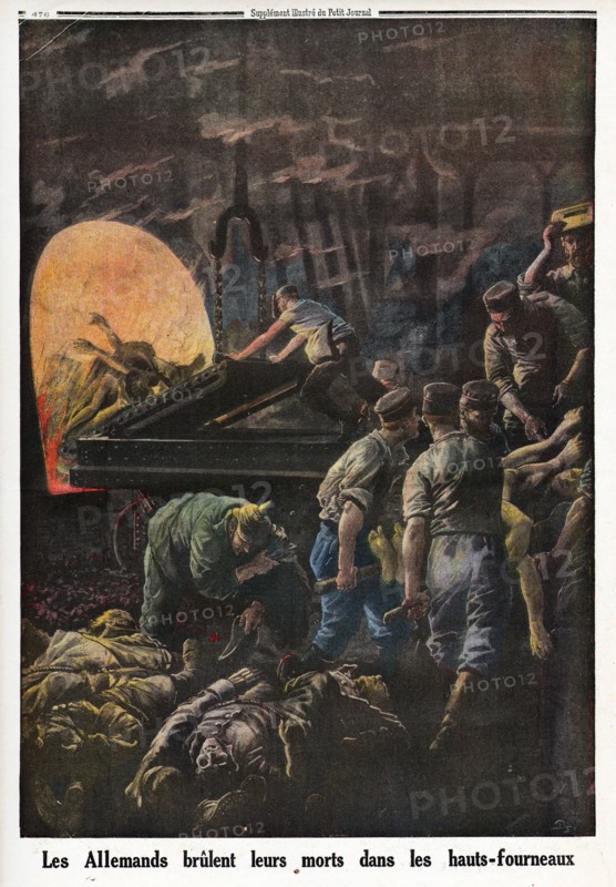Le Petit Journal (supplément Illustré) du Dimanche 16 avril 1916. N° 1321. Les Allemands brûlent leurs morts dans les hauts-fourneaux. Guerre 14-18.