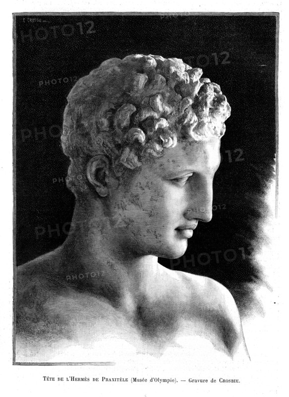 Tête de l'Hermès de Praxitèle (musée d'Olympie). Gravure de Crosbie.