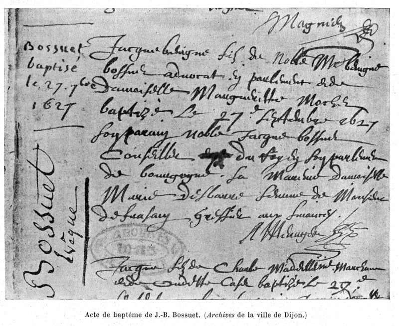 Acte de baptême de J.-B. Bossuet. Archives de la ville de Dijon.