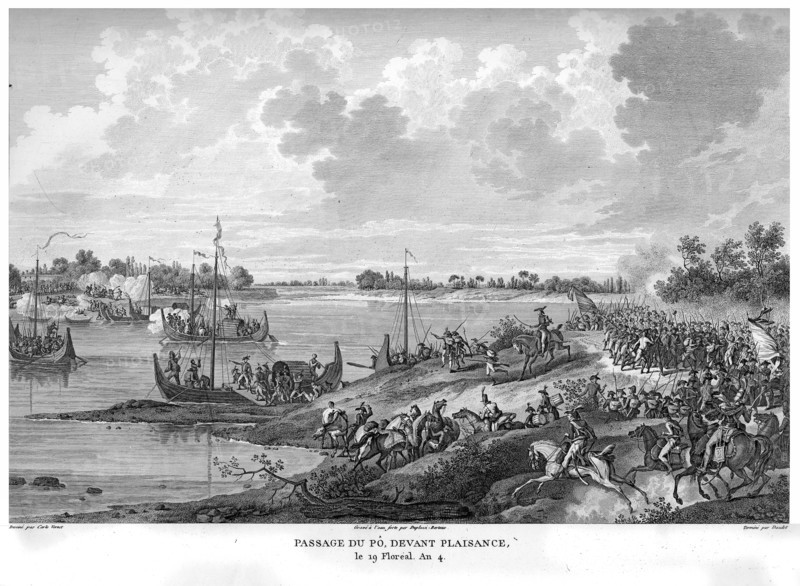 Epopée napoléonienne. Napoléon 1er. Passage du Pô, devant Plaisance, le 19 Floréal de l'An IV. Italie.