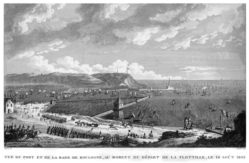 Epopée napoléonienne. Napoléon 1er. Vue du port et de la rade de Boulogne, au moment du départ de la flotille, le 16 août 1803.