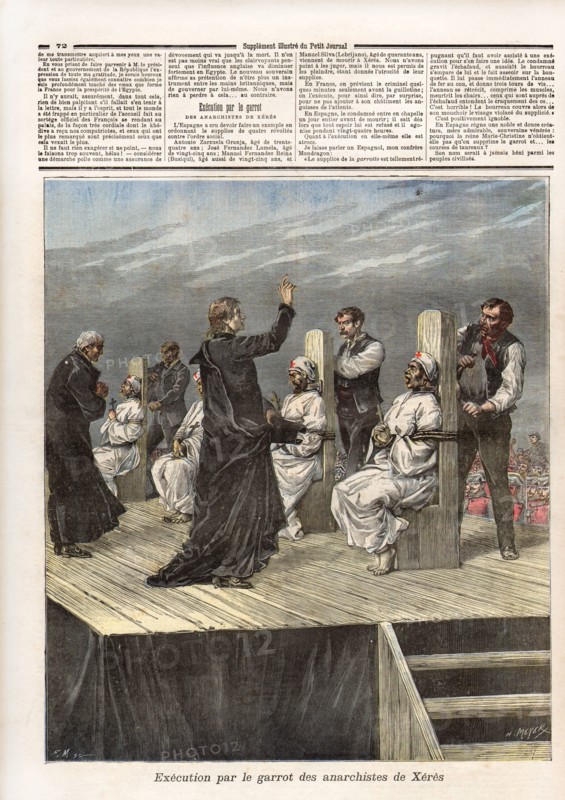 Le Petit Journal (supplément Illustré) du Samedi 27 février 1892. N° 66. Exécution par le garrot de anarchistes de Xérès.