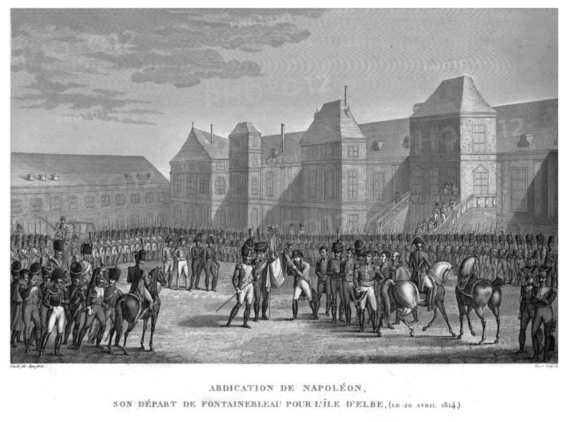 Epopée napoléonienne. Napoléon 1er. Adbdication de Napoléon. Son départ de Fontainebleau pour l'île d'Elbe, le 20 avril 1814.
