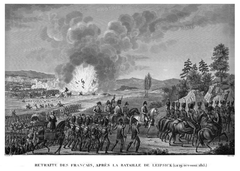 Epopée napoléonienne. Napoléon 1er. Retraite de Français après la bataille de Leipsick (Leipzig), le 19 octobre 1813.