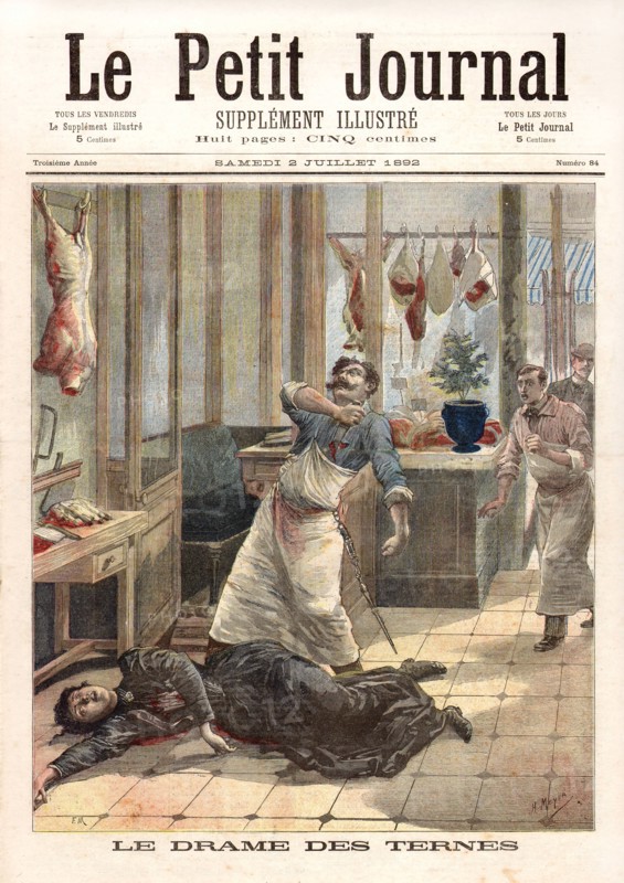 Le drame des Ternes. Ayant assassiné sa femme, le boucher se poignarde.