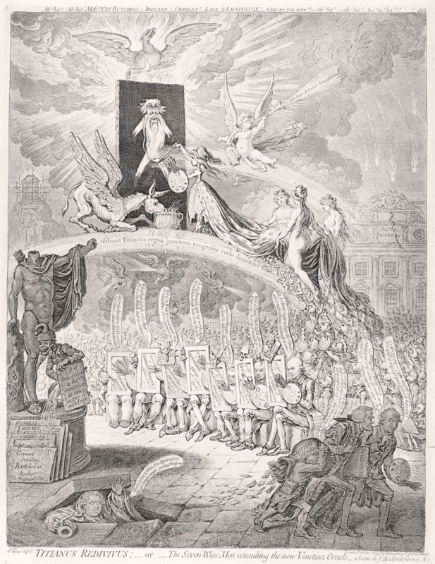 Artists in front of the Royal Academy, Somerset House, London, 1797. Artist: James Gillray