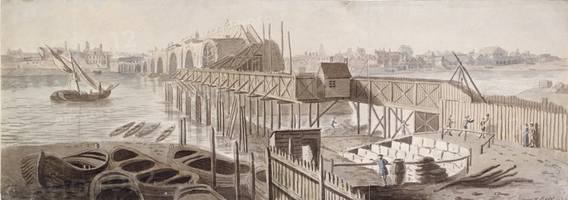 Construction of Blackfriars Bridge, c1762. Artist: Francis Grose