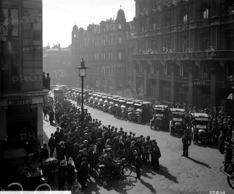 Taxis outside the AA offices at Fanum House, Whitcomb Road, Westminster, London, 1914