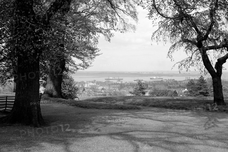 View down towards the River Thames and Gravesend Reach, Kent, c1945-c1965