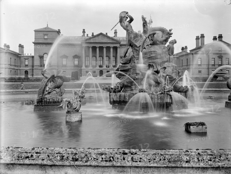 A fountain with sculpture depicting Perseus and Andromeda at Holkham Hall, Norfolk, February, 1929