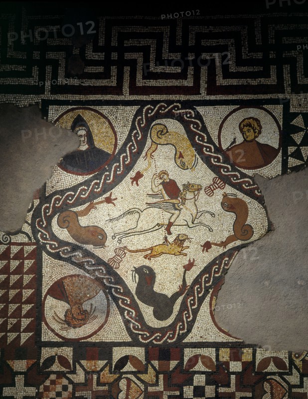 Detail of the mosaic floor in the audience chamber, Lullingstone Roman Villa, Eynsford, Kent, 1991