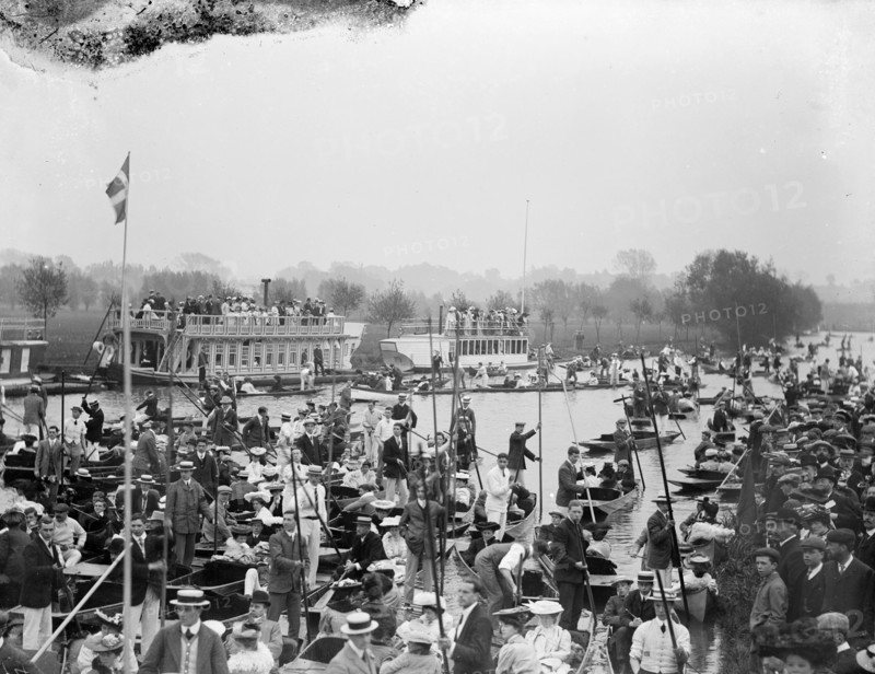 A crush of boats on the River Thames at Oxford, Oxfordshire during Eight Weeks, c1905