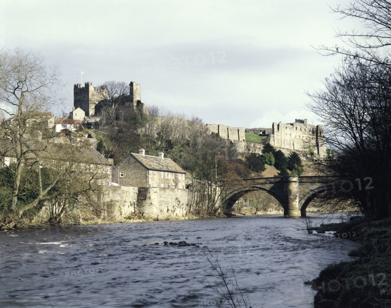 Richmond Castle and bridge from the south west, North Yorkshire, 1987