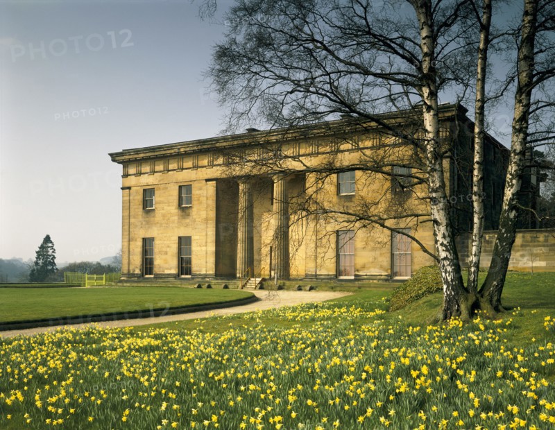 East front and daffodils, Belsay Hall, Northumberland, 1992