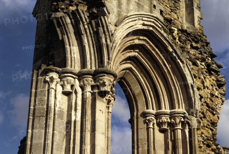 Stone carving around the east end window arch of the church, Kirkham Priory, North Yorkshire, 1993