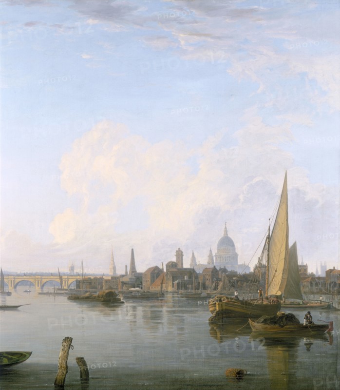 'Waterloo Bridge and the Lambeth Waterfront from Westminster Stairs', 1821. Artist: Charles Deane