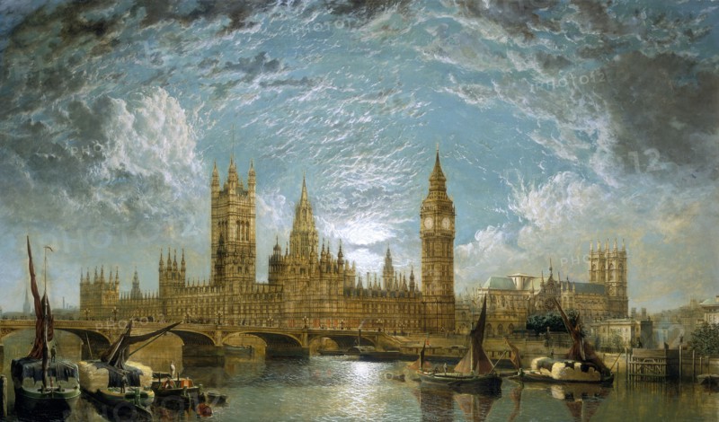 'Westminster Bridge, the Houses of Parliament and Westminster Abbey seen from the River', 1872. Artist: John Anderson