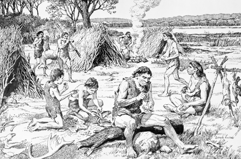 Prehistoric people in a settlement, Swanscombe, Kent, c350,000 BC. Artist: Derek Lucas