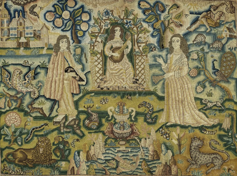 An embroidered panel with a woman playing a guitar, 17th century. Artist: Unknown