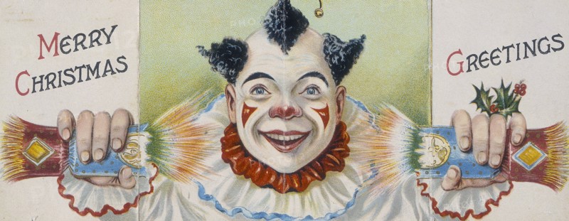 Christmas card; clown pulling a cracker, early 20th century. Artist: Unknown