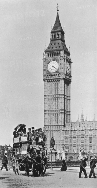 Horse bus in front of Big Ben, Westminster, London, late 19th-early 20th century. Artist: Unknown
