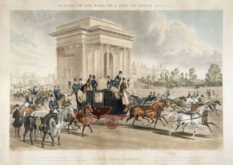 Horse drawn carriages along Hyde Park Corner, London, 1838. Artist: J Harris