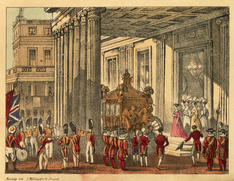 Her Majesty leaving Buckingham Palace. Artist: Madeley