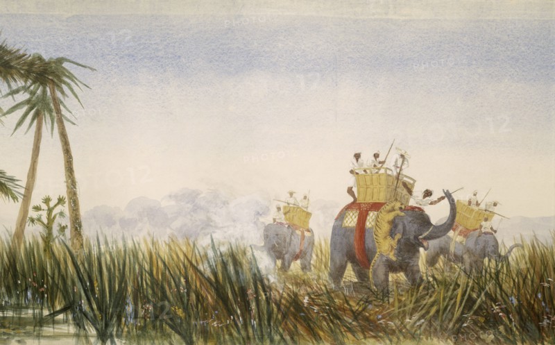 Tiger attacking an elephant; part of the London to Hong Kong Panorama. Artist: Unknown