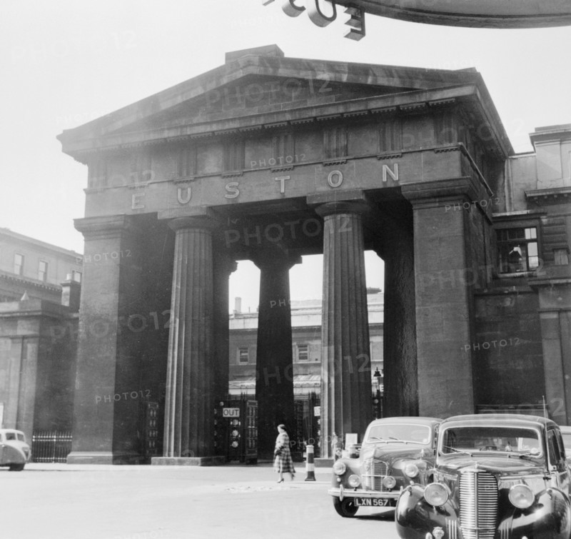 Arch outside the main entrance to Euston Station, Camden, London, 1952. Artist: Henry Grant