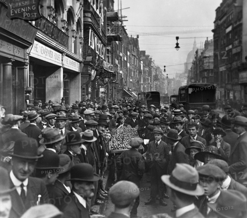 Crowd outside the Newspaper House, Fleet St looking east, City of London, before 1933.  Artist: George Davison Reid