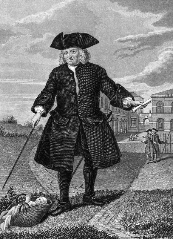 Thomas Coram outside the Foundling Hospital, London, (c1750?). Artist: Unknown