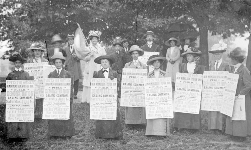 A 'poster parade' of suffragettes advertising a meeting to be held on Ealing Common, June 1912. Artist: Unknown