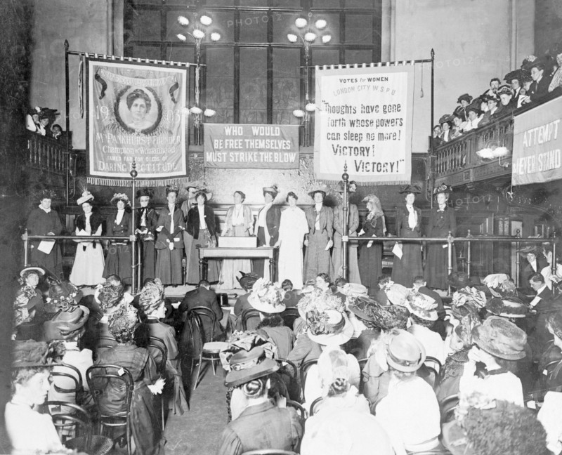 A meeting at Caxton Hall prior to the 'Rush the House of Commons' demonstration, October 1908. Artist: Unknown