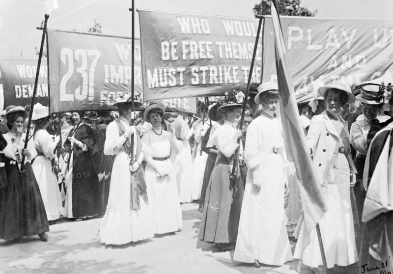 Suffragettes on the Euston Road procession carrying banners to Women's Sunday, London, 1908. Artist: Unknown