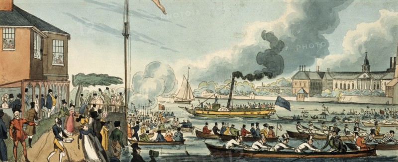 Doggett's Coat and Badge rowing race, London, c1820.  Artist: William Heath