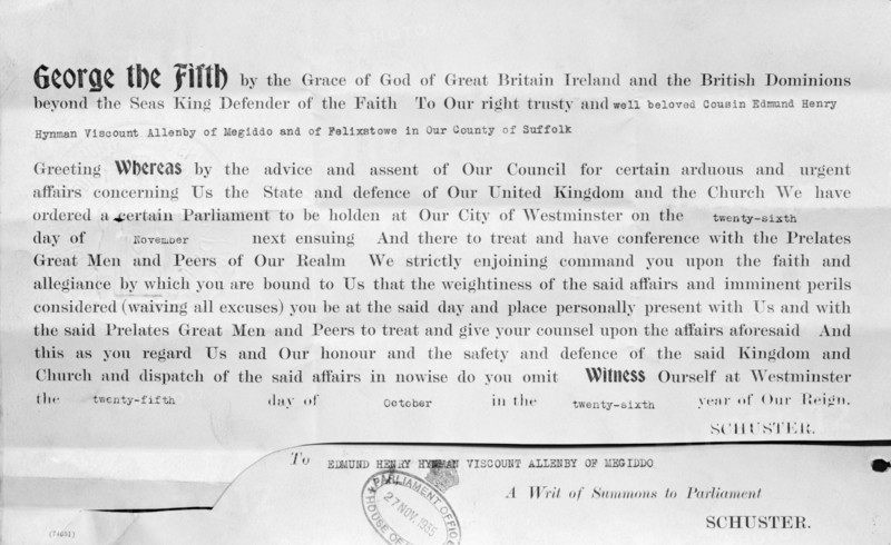 A writ of summons to Parliament, 1935. Artist: Unknown